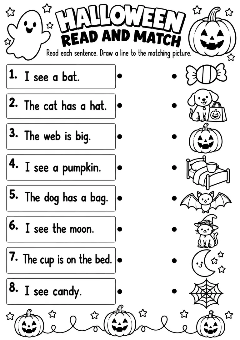 Halloween Read and Match for Kindergarten, 1st Grade
