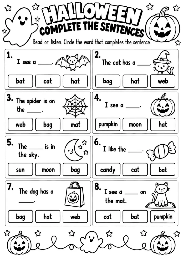 Halloween Complete the Sentences WORKSHEET for Kindergarten, 1st Grade