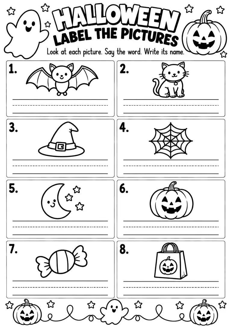 Halloween Label the Pictures WORKSHEET for Kindergarten, 1st Grade
