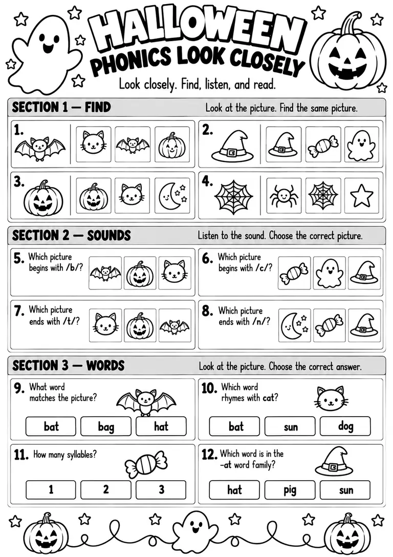 Halloween Phonics Look Closely for Kindergarten, 1st Grade