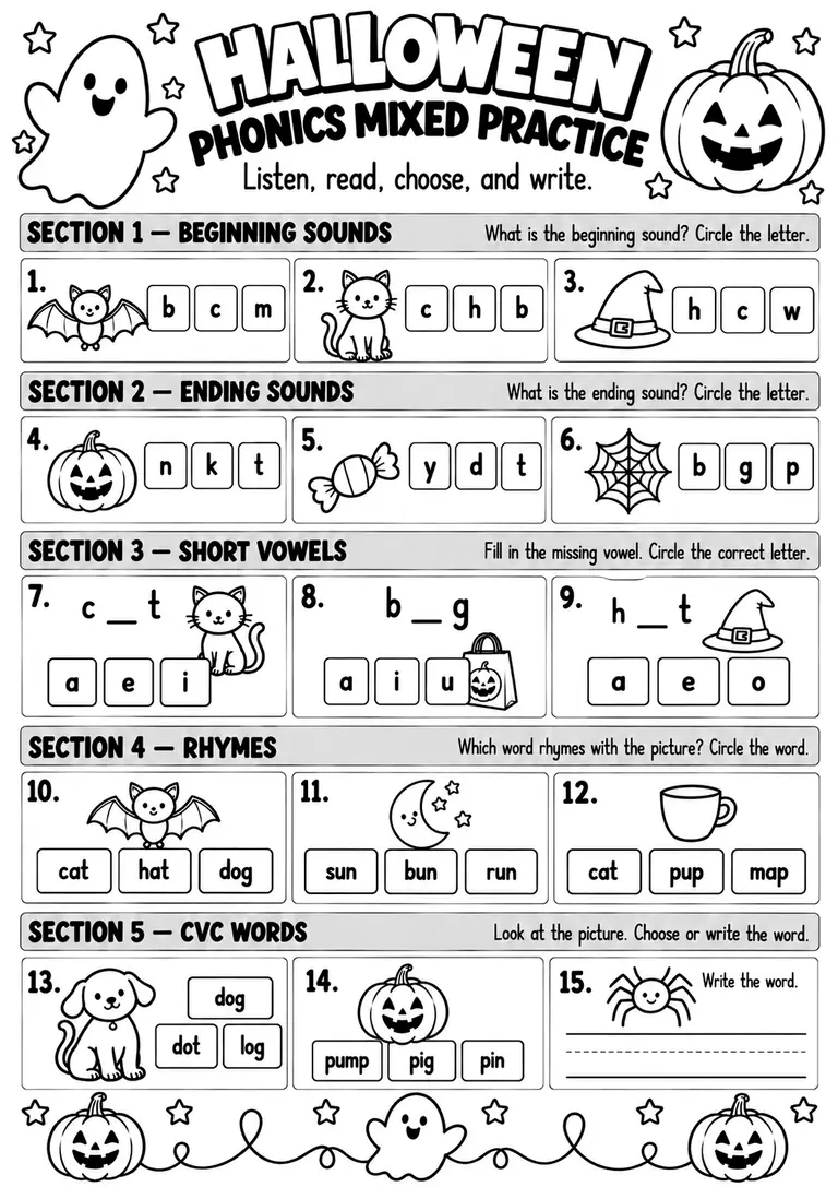 Halloween Phonics Mixed Practice for Kindergarten, 1st Grade