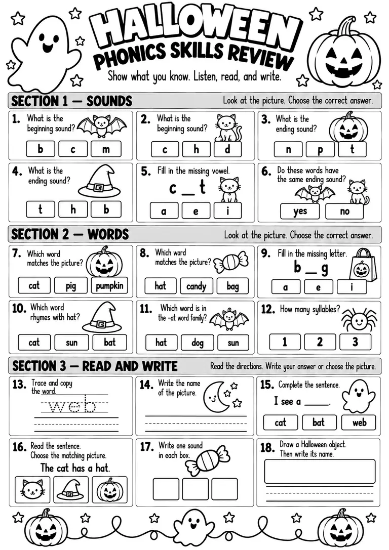 Halloween Phonics Skills Review for Kindergarten, 1st Grade