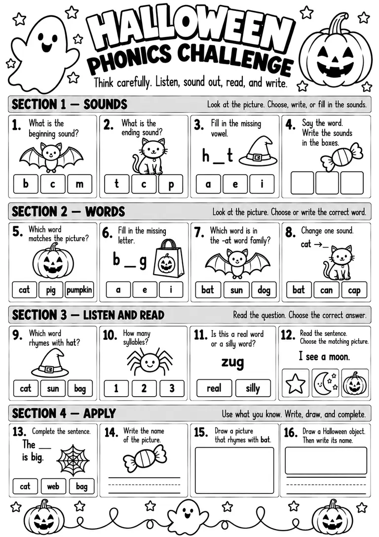 Halloween Phonics Challenge for Kindergarten, 1st Grade