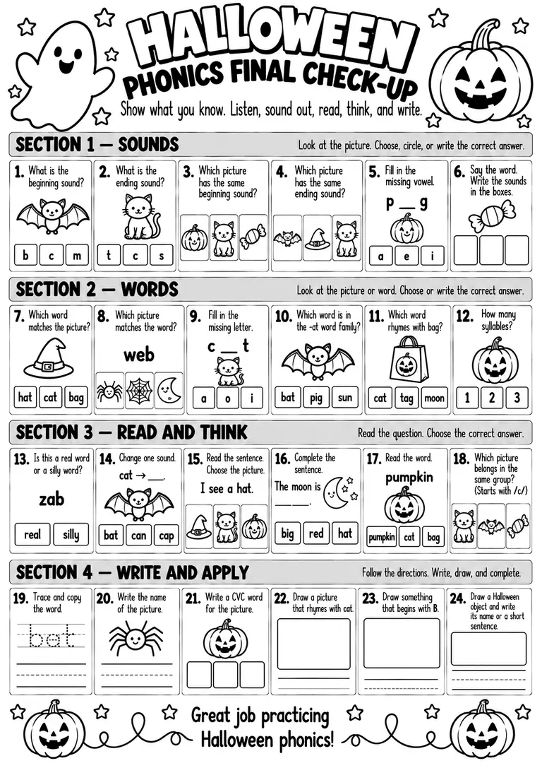 Halloween Phonics Final Check-Up for Kindergarten, 1st Grade