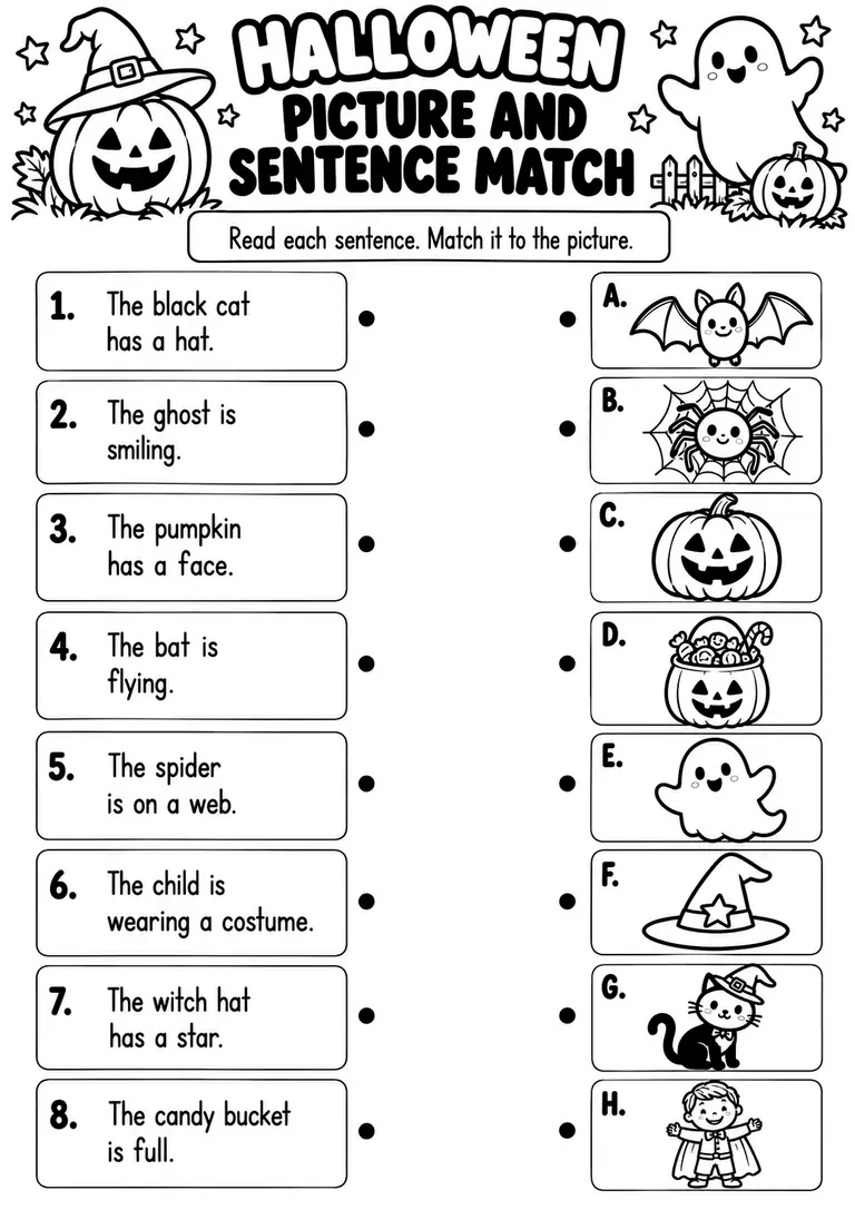HALLOWEEN PICTURE AND SENTENCE MATCH for Kindergarten, 1st Grade
