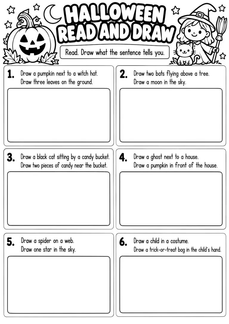 FREE HALLOWEEN READ AND DRAW WORKSHEET for Kindergarten, 1st Grade