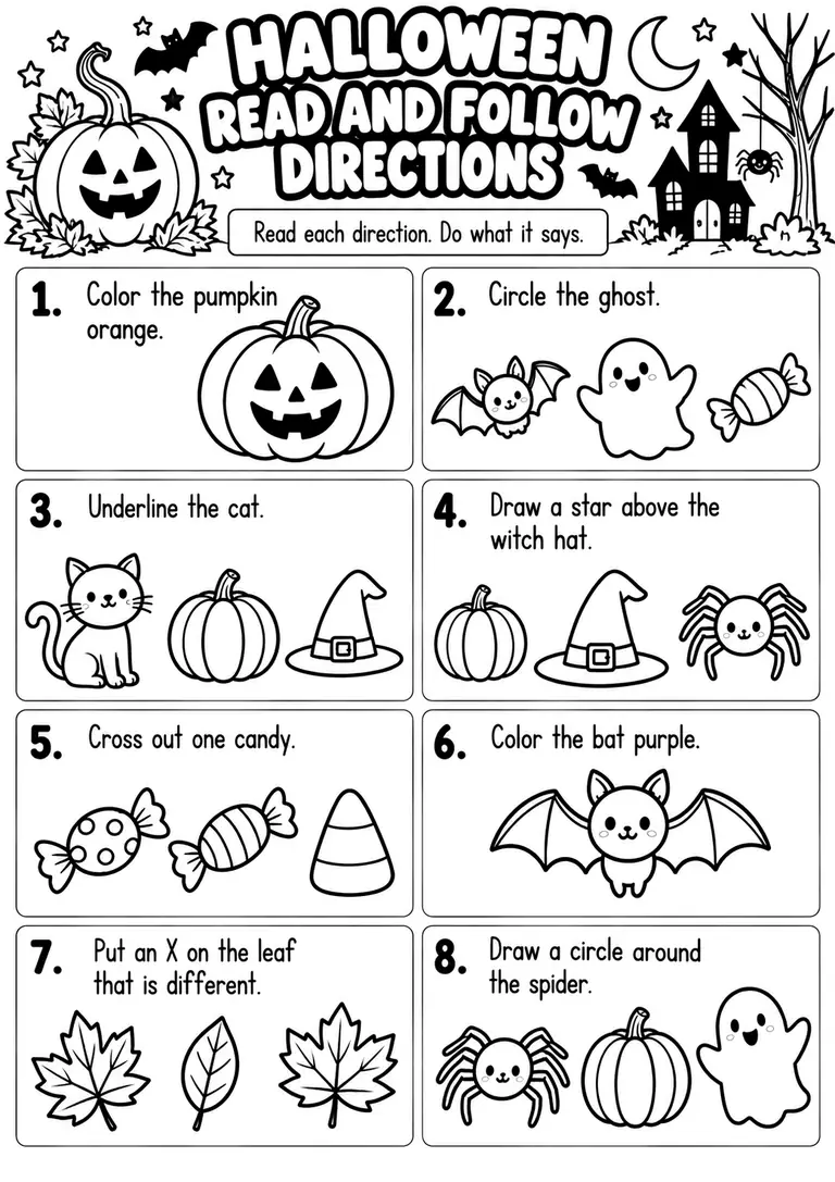 HALLOWEEN READ AND FOLLOW DIRECTIONS for Kindergarten, 1st Grade