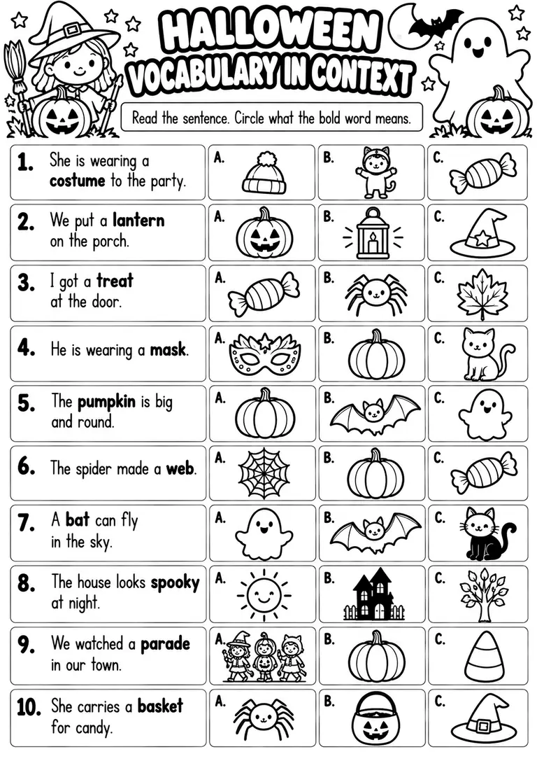 HALLOWEEN VOCABULARY IN CONTEXT WORKSHEET for Kindergarten, 1st Grade