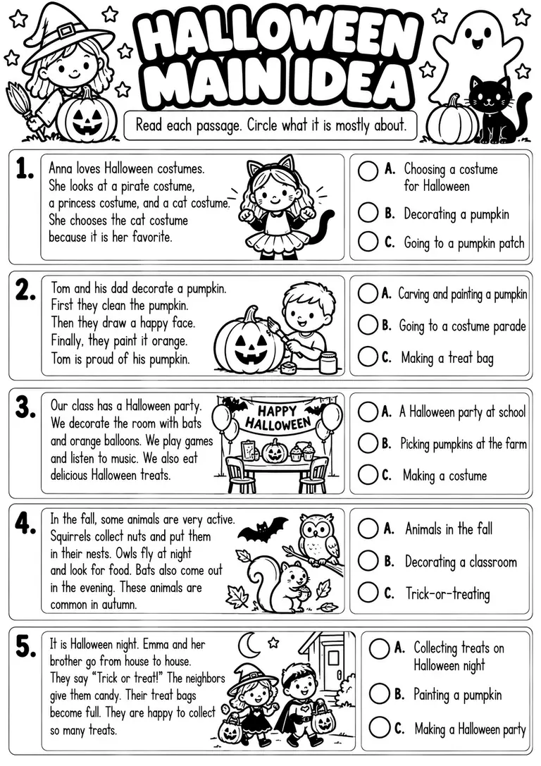 HALLOWEEN MAIN IDEA WORKSHEET for Kindergarten, 1st Grade