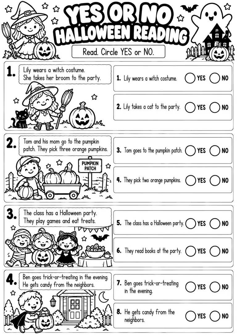 YES OR NO HALLOWEEN READING for Kindergarten, 1st Grade