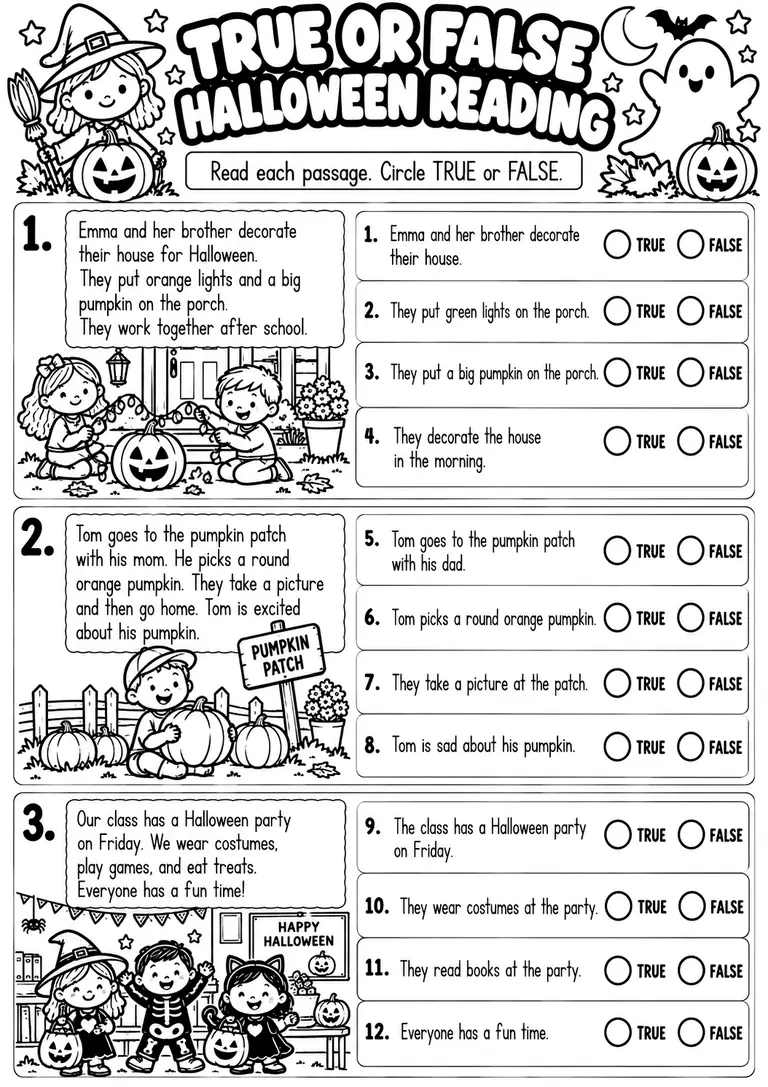 TRUE OR FALSE HALLOWEEN READING for Kindergarten, 1st Grade