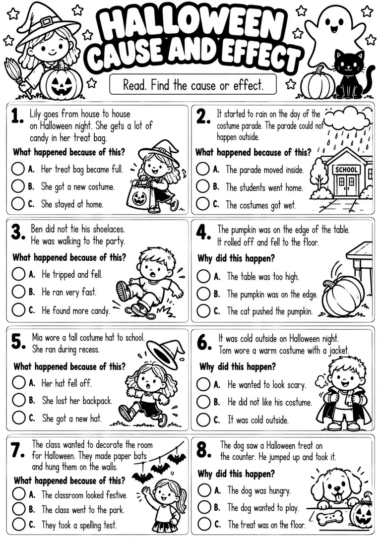 HALLOWEEN CAUSE AND EFFECT WORKSHEET for Kindergarten, 1st Grade