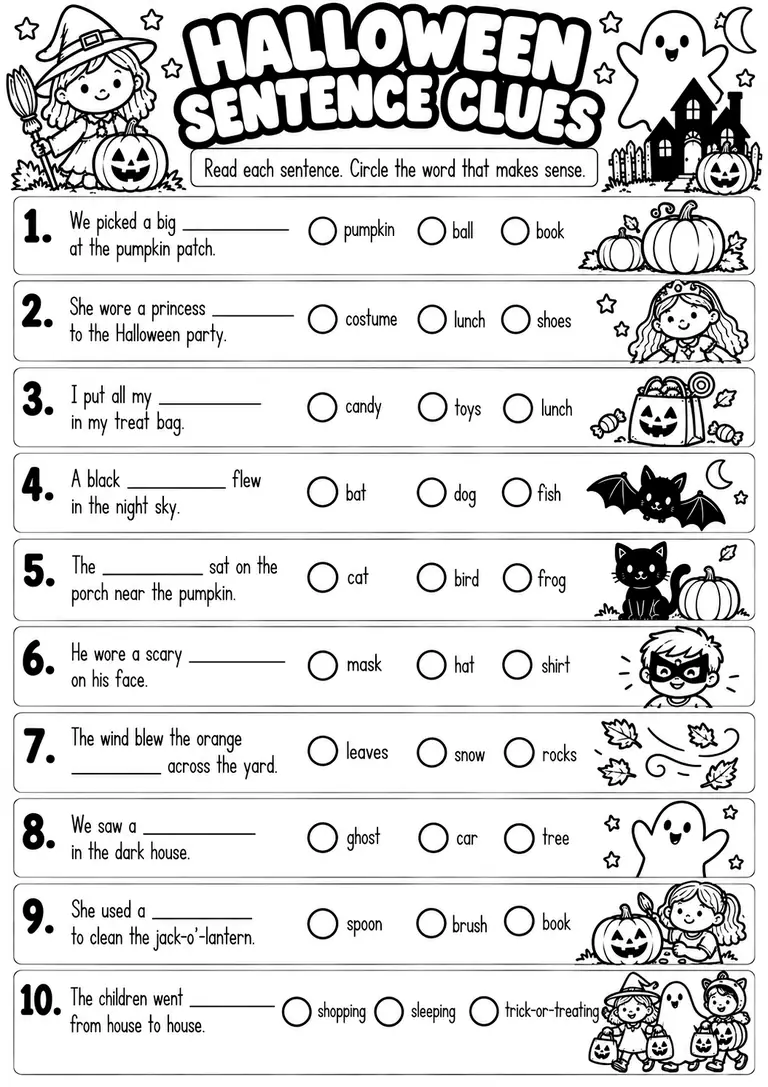 HALLOWEEN SENTENCE CLUES for Kindergarten, 1st Grade