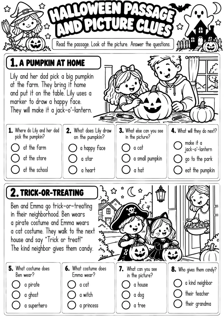 HALLOWEEN PASSAGE AND PICTURE CLUES for Kindergarten, 1st Grade