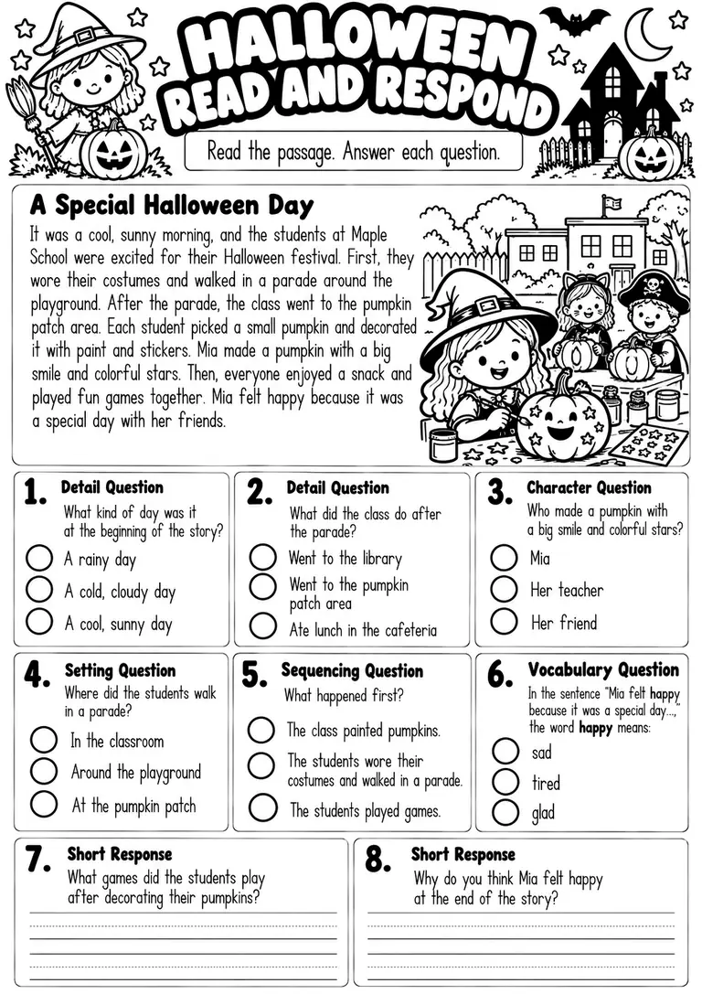 HALLOWEEN READ AND RESPOND for Kindergarten, 1st Grade