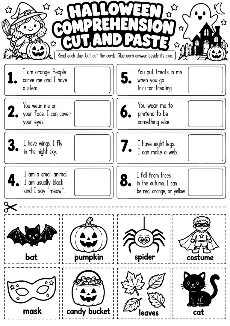 HALLOWEEN COMPREHENSION CUT AND PASTE for Kindergarten, 1st Grade