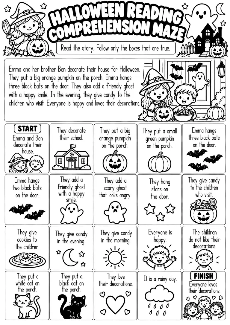 HALLOWEEN READING COMPREHENSION MAZE for Kindergarten, 1st Grade
