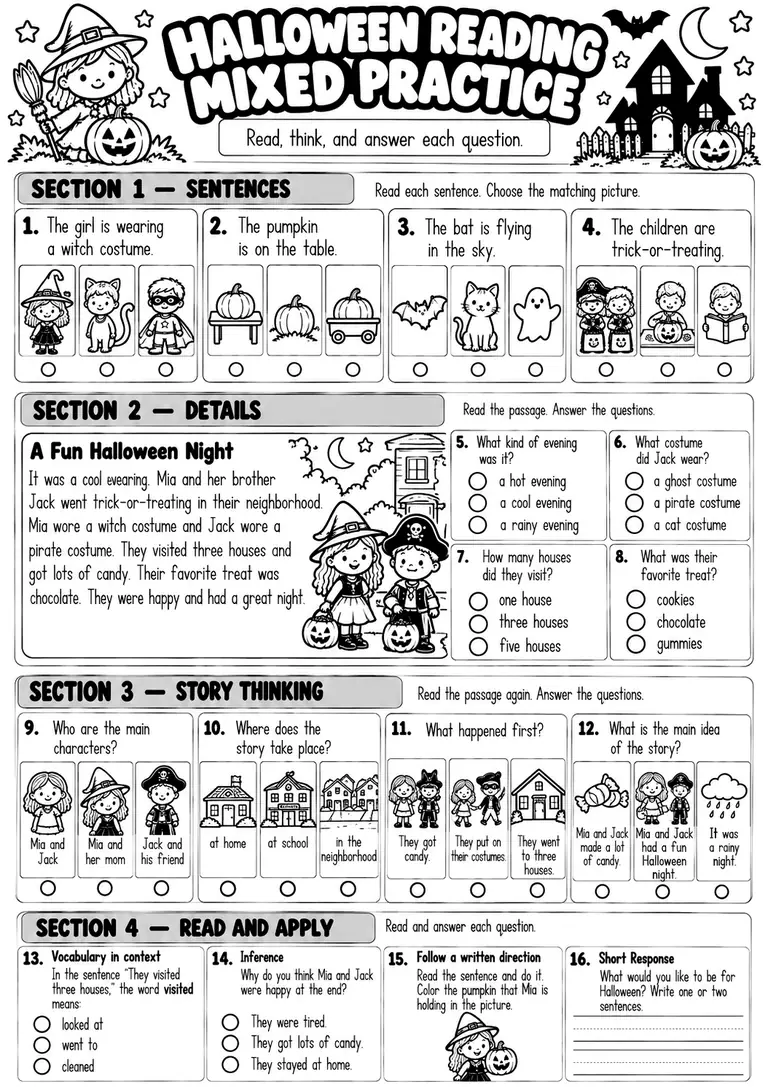 HALLOWEEN READING MIXED PRACTICE WORKSHEET for Kindergarten, 1st Grade