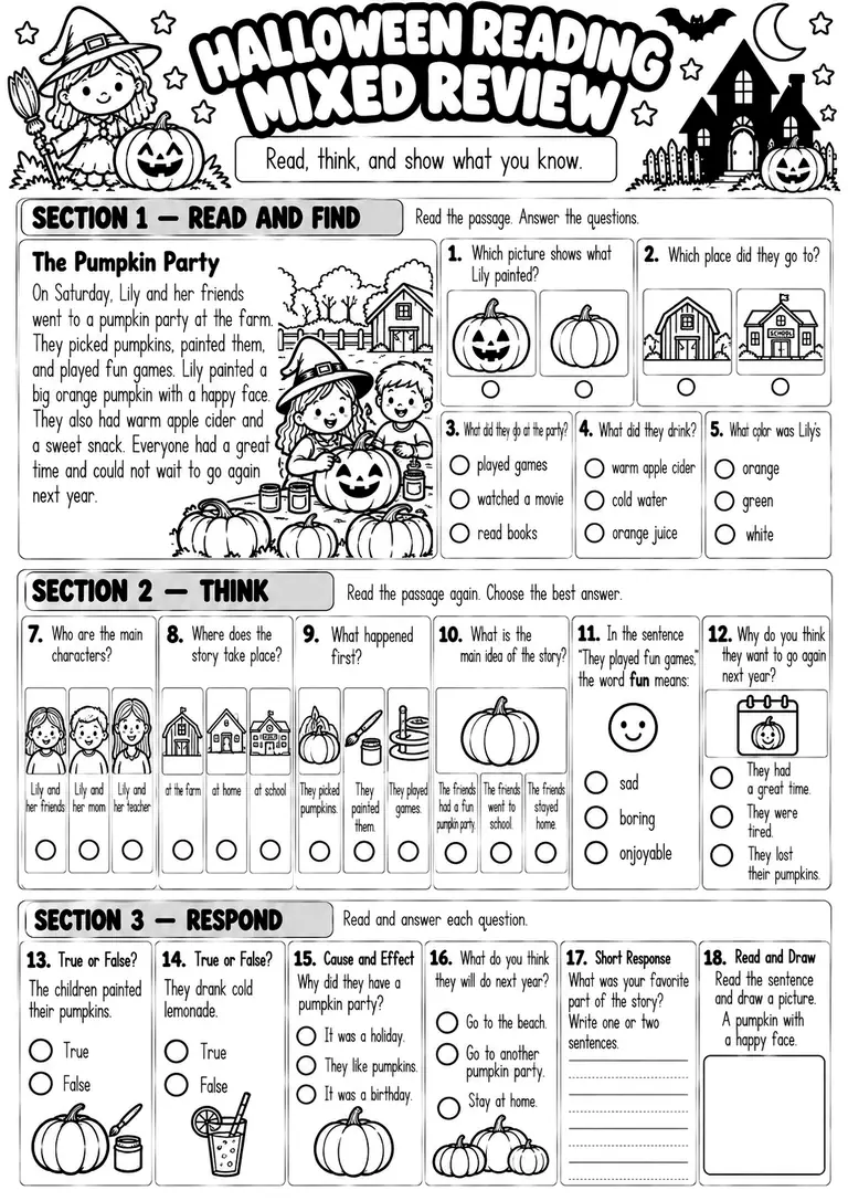 HALLOWEEN READING MIXED REVIEW for Kindergarten, 1st Grade