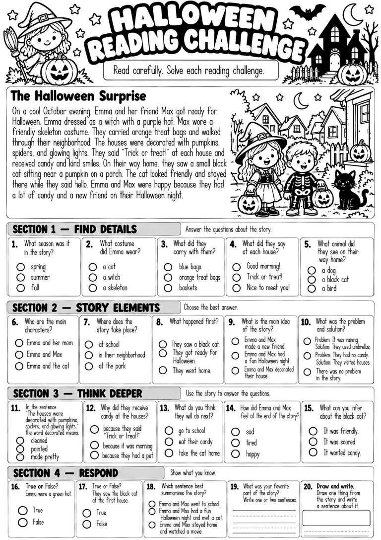 HALLOWEEN READING CHALLENGE WORKSHEET for Kindergarten, 1st Grade