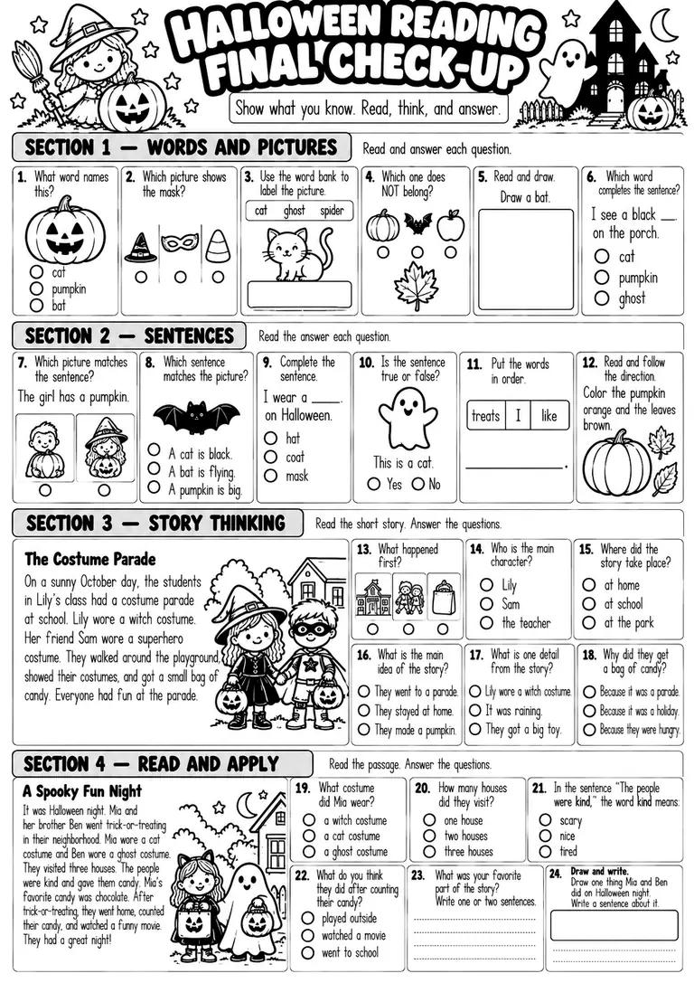 HALLOWEEN READING FINAL CHECK-UP WORKSHEET for Kindergarten, 1st Grade