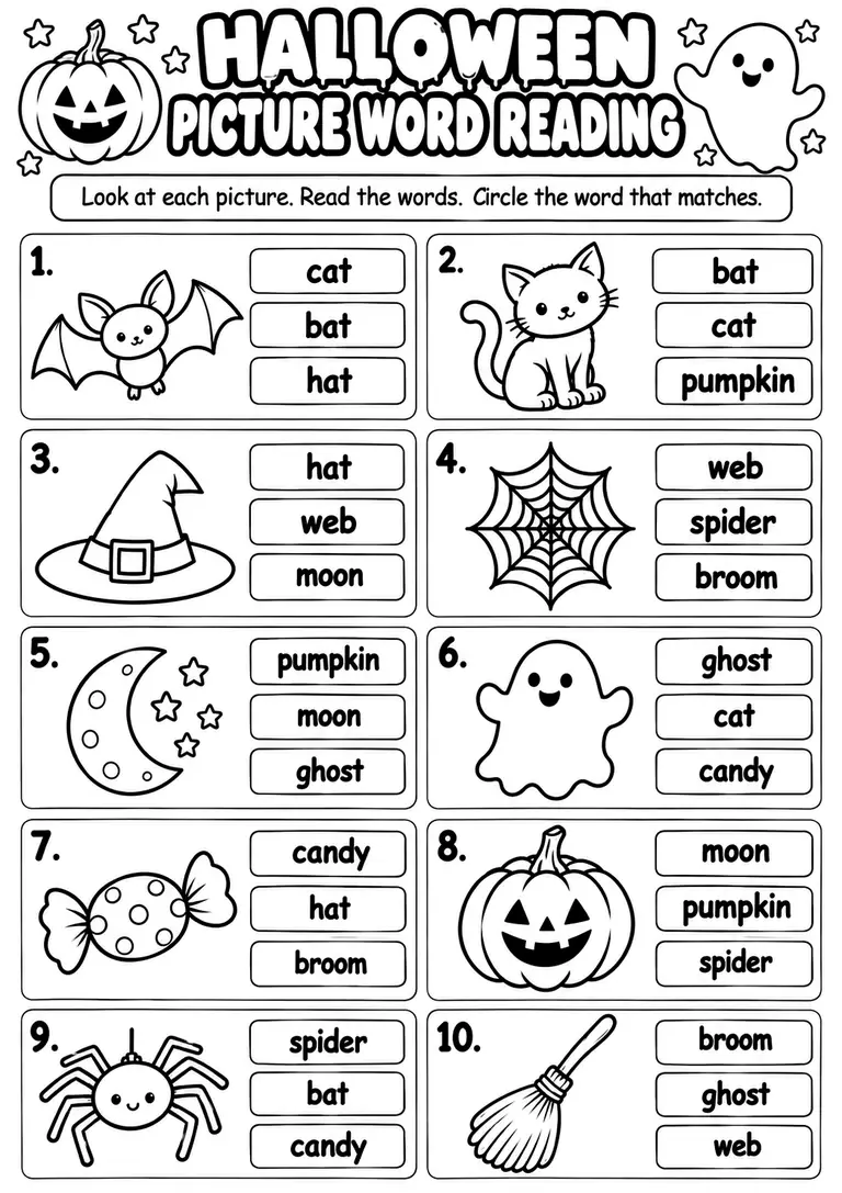 Halloween Picture Word Reading for Kindergarten, 1st Grade