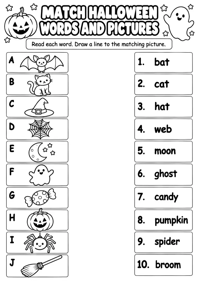 Match Halloween Words and Pictures for Kindergarten, 1st Grade