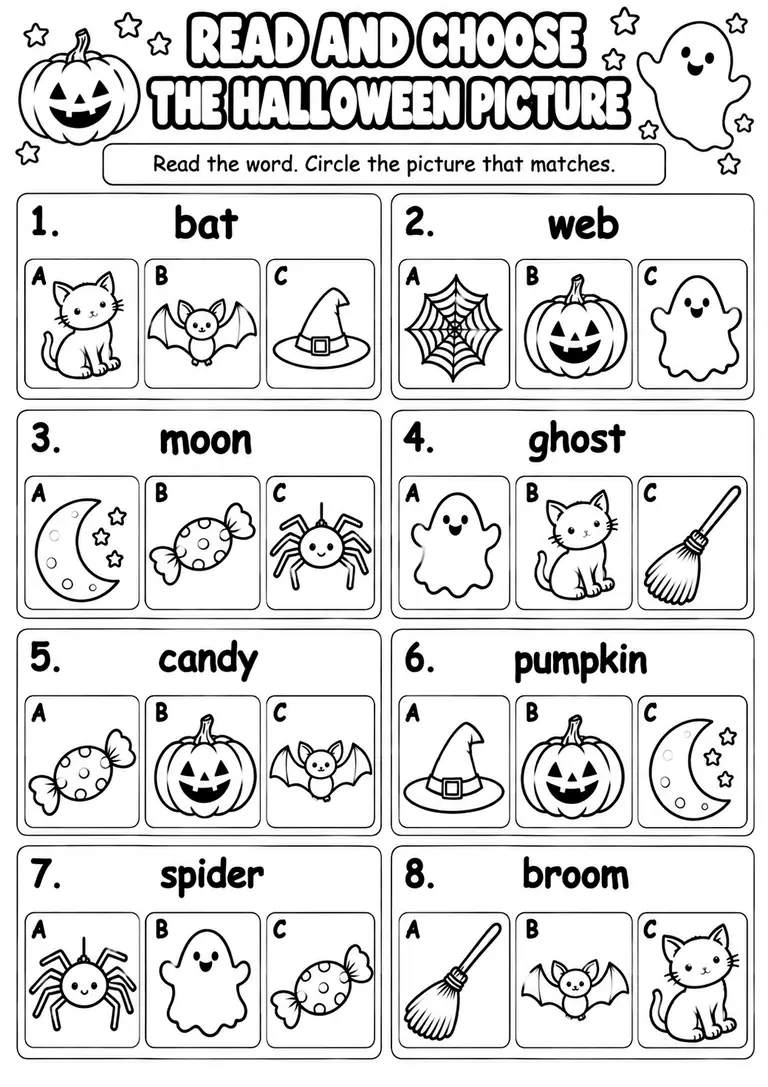 Read and Choose the Halloween Picture for Kindergarten, 1st Grade