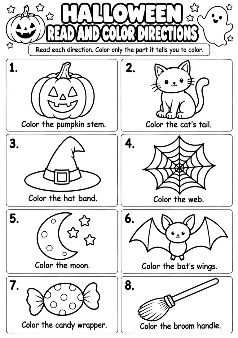 Halloween Read and Color Directions for Kindergarten, 1st Grade