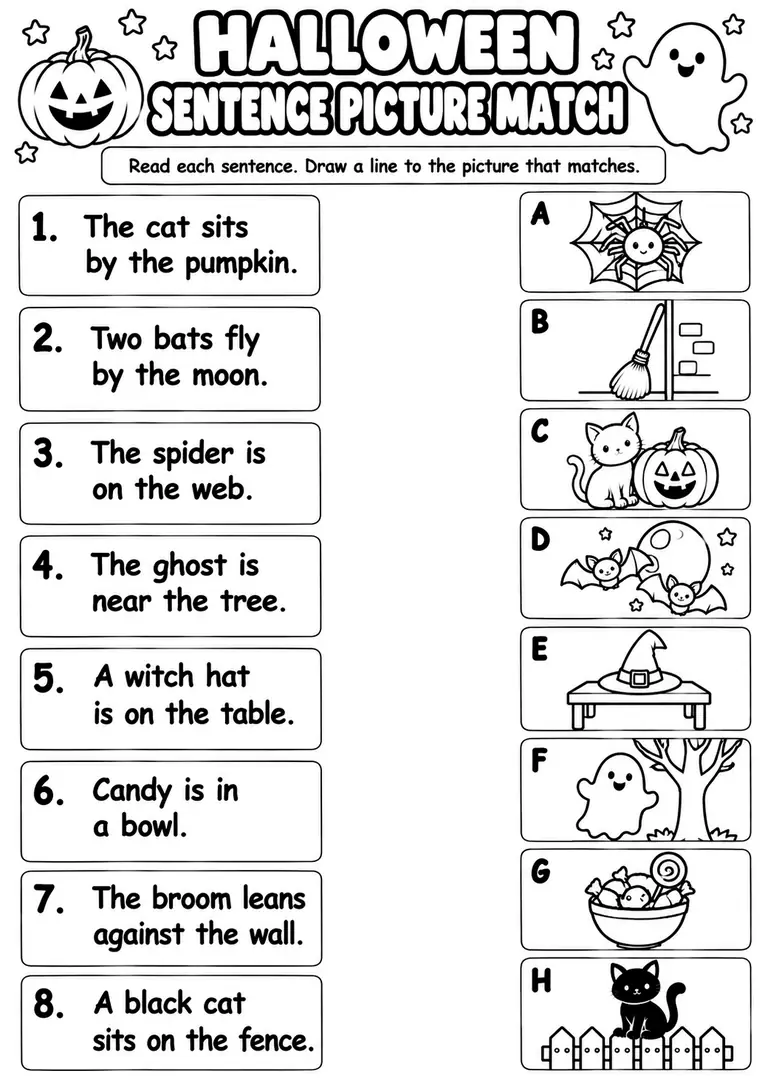 Halloween Sentence Picture Match for Kindergarten, 1st Grade