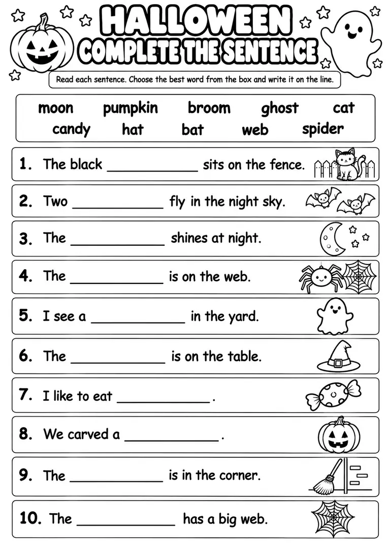 Halloween Complete the Sentence PRINTABLE for Kindergarten, 1st Grade