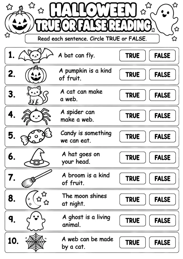 Halloween True or False Reading for Kindergarten, 1st Grade