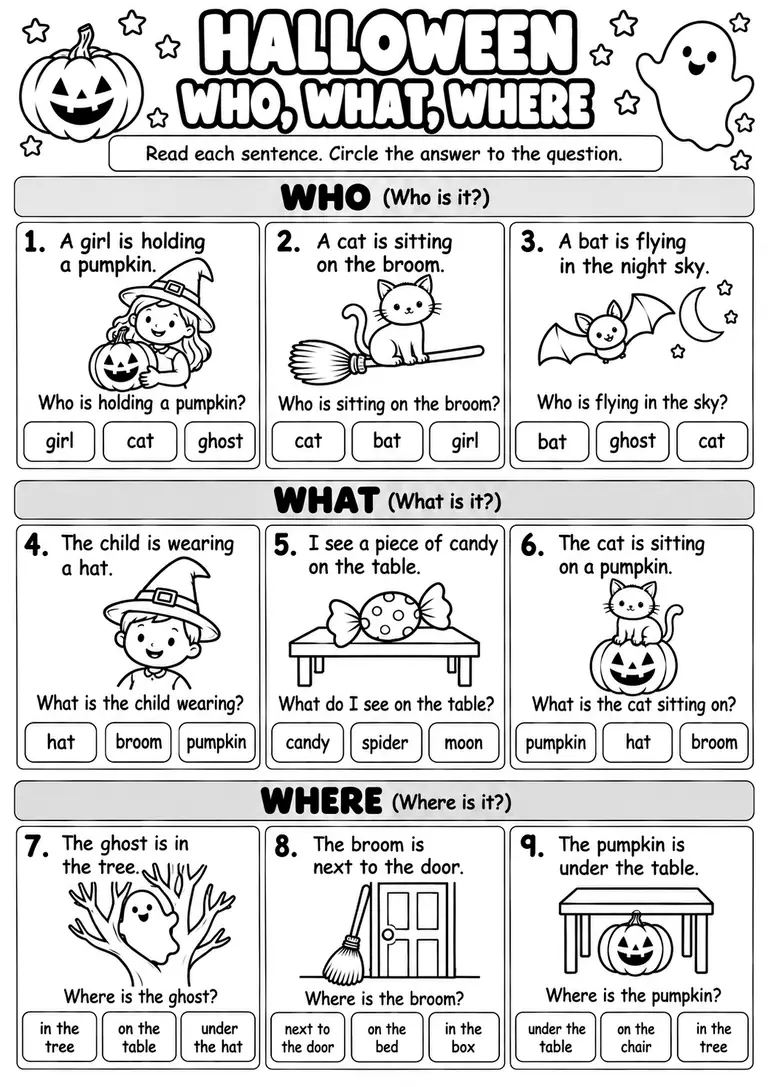 Halloween Who What Where for Kindergarten, 1st Grade