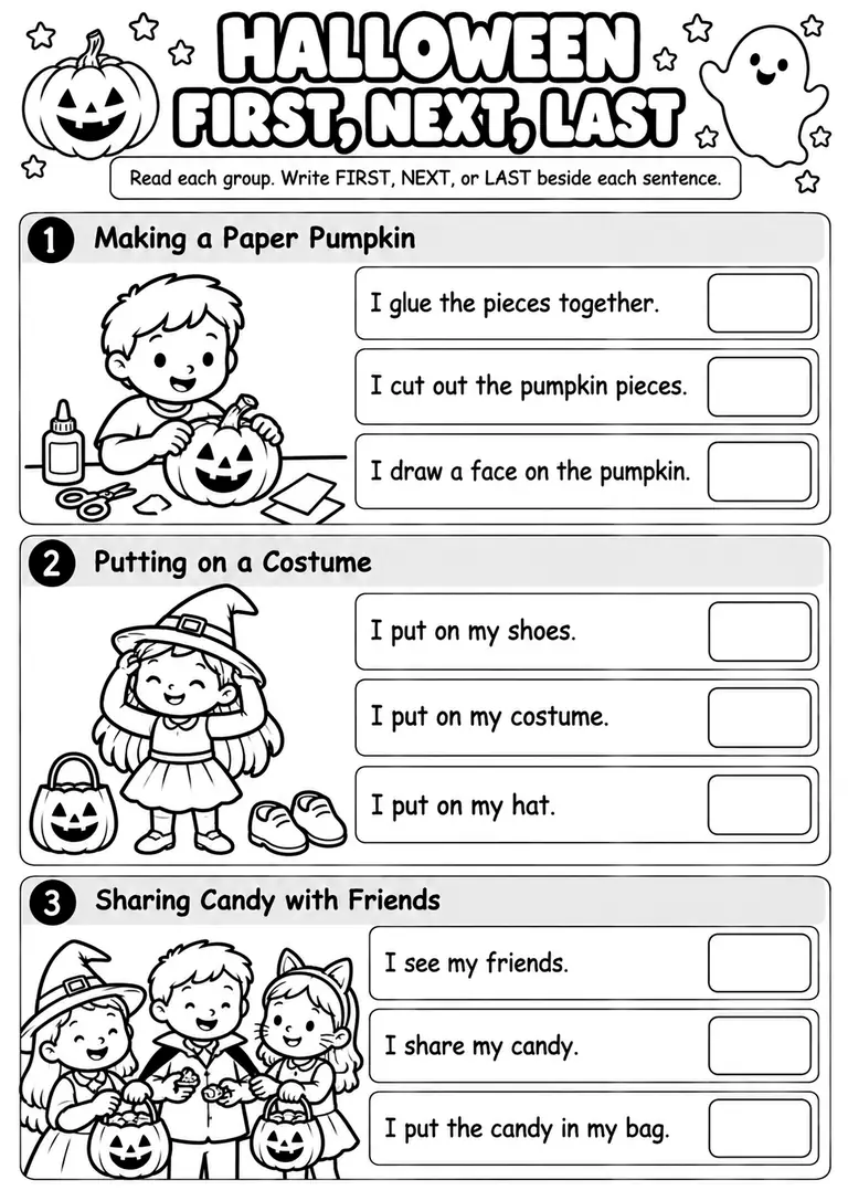 Halloween First Next Last for Kindergarten, 1st Grade