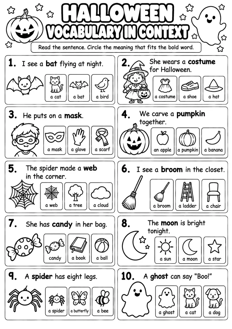 Halloween Vocabulary in Context for Kindergarten, 1st Grade