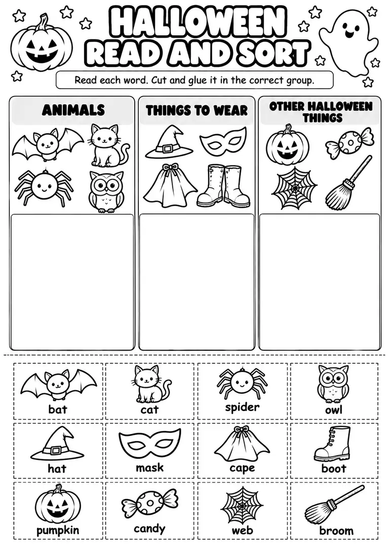 Halloween Read and Sort for Kindergarten, 1st Grade