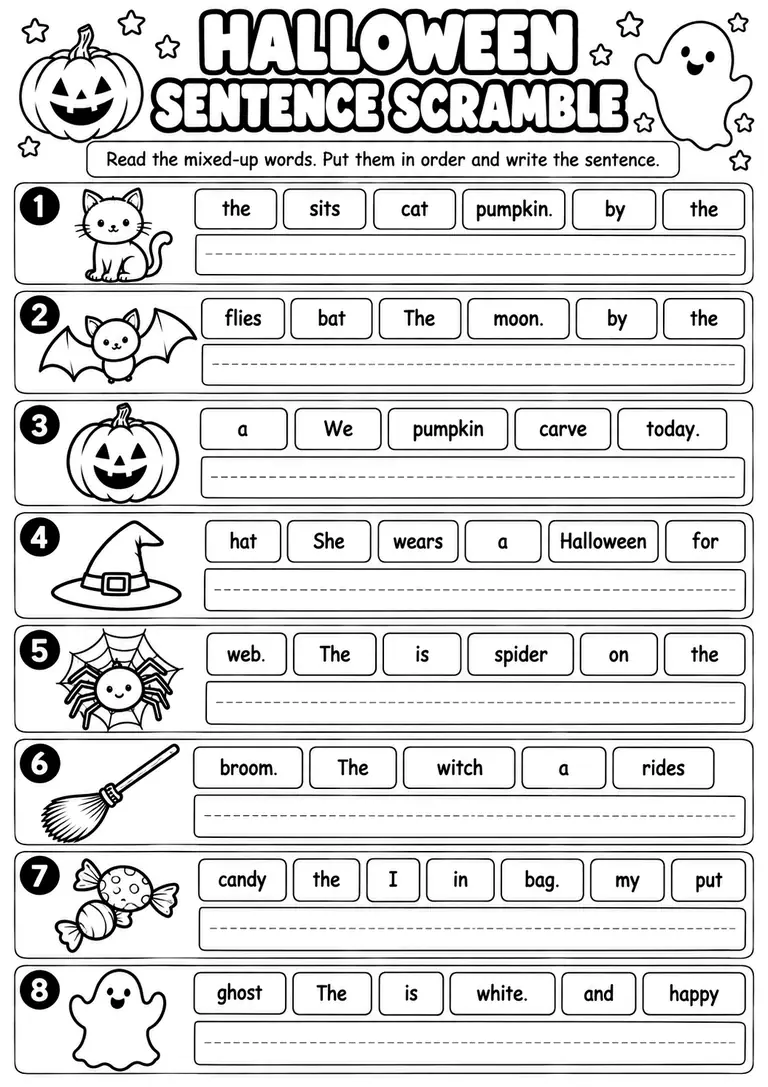 Halloween Sentence Scramble for Kindergarten, 1st Grade