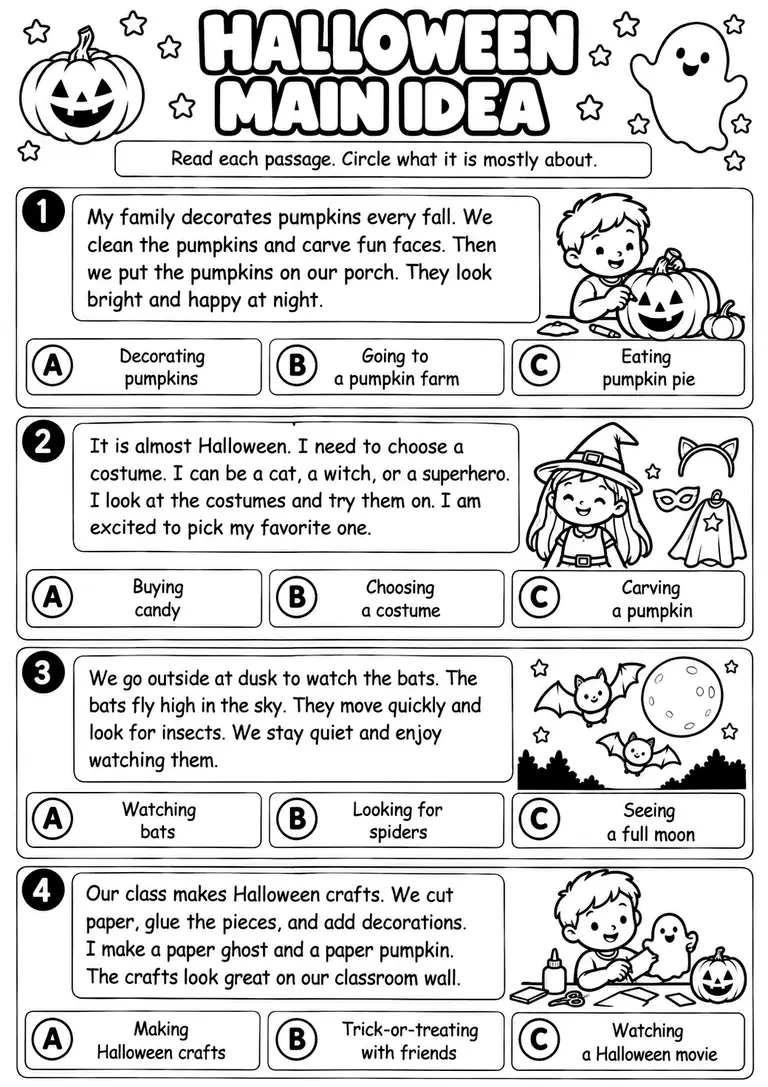 Halloween Main Idea for Kindergarten, 1st Grade