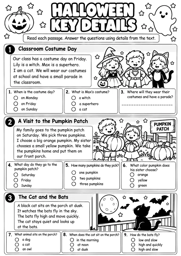 Halloween Key Details for Kindergarten, 1st Grade