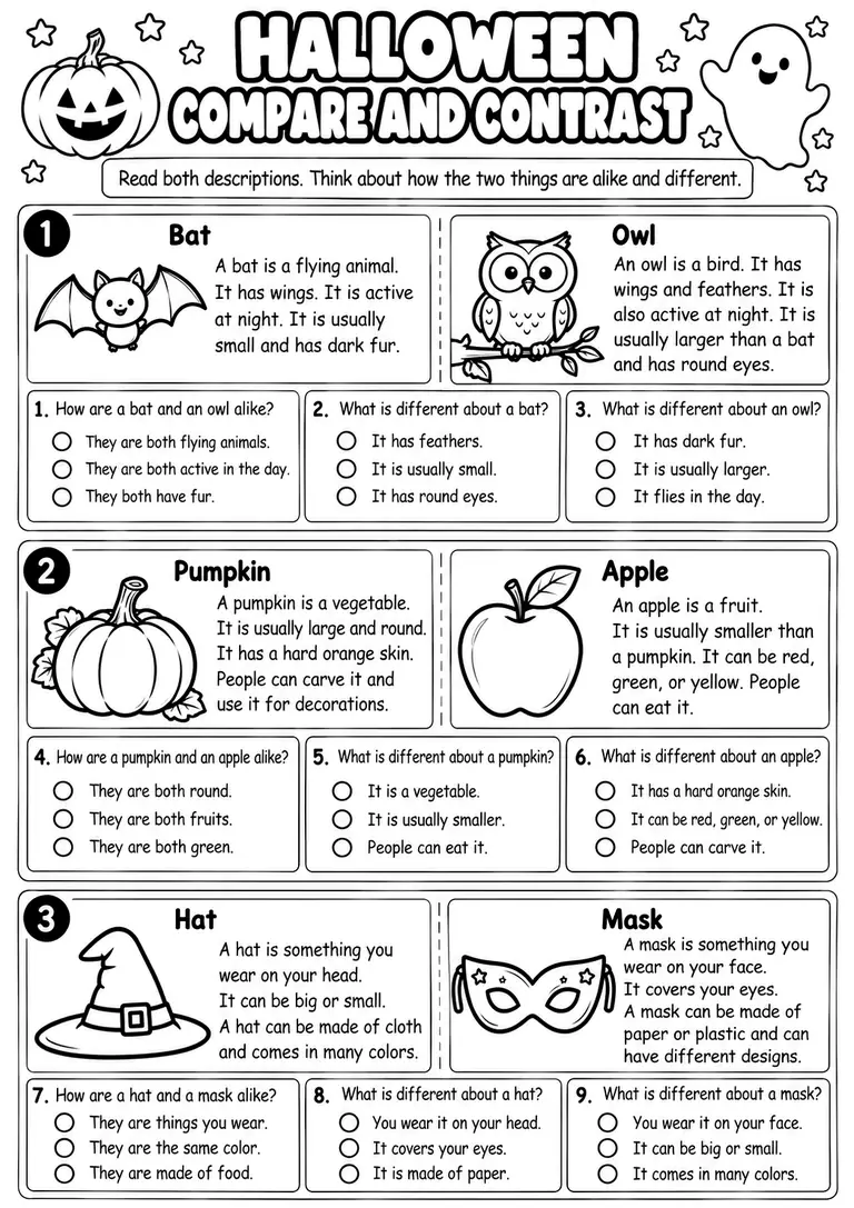 Halloween Compare and Contrast for Kindergarten, 1st Grade