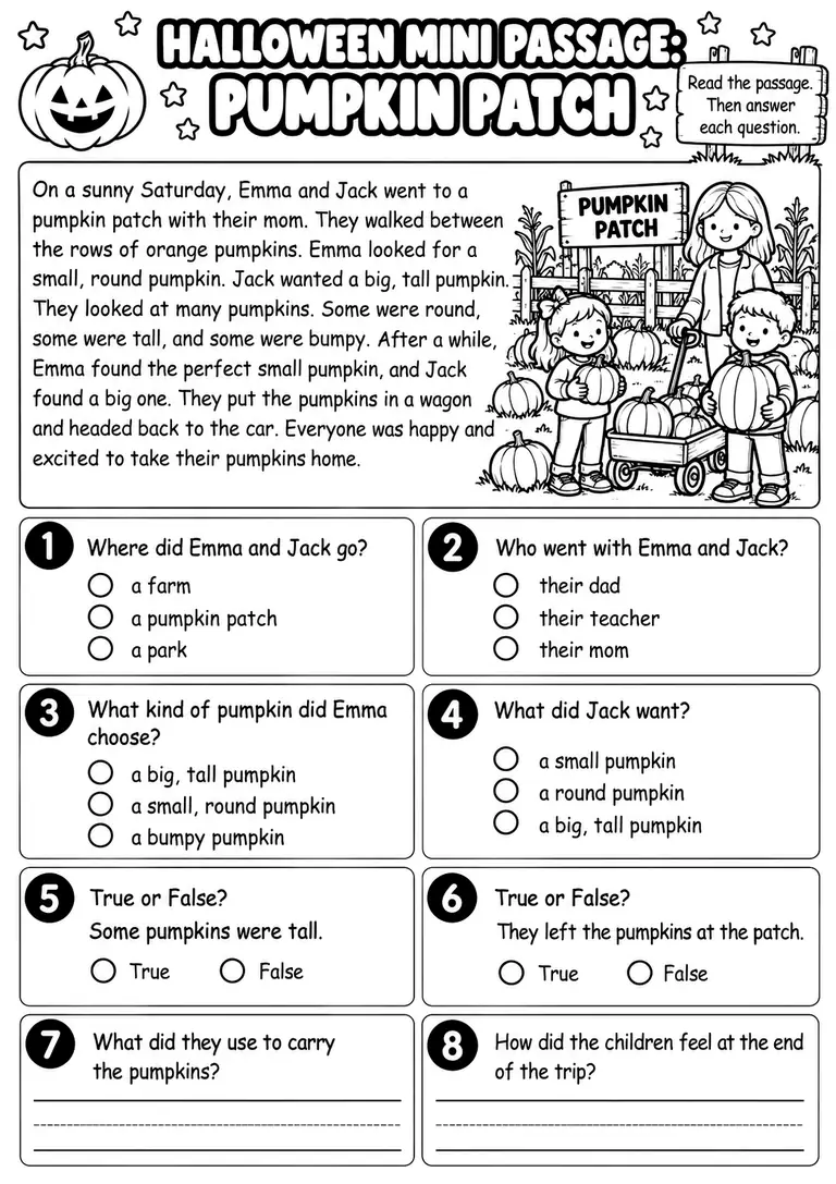 Halloween Mini Passage: Pumpkin Patch for Kindergarten, 1st Grade