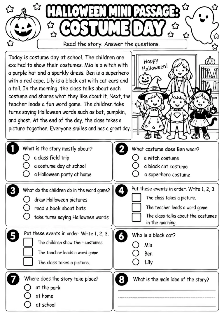 Halloween Mini Passage: Costume Day for Kindergarten, 1st Grade