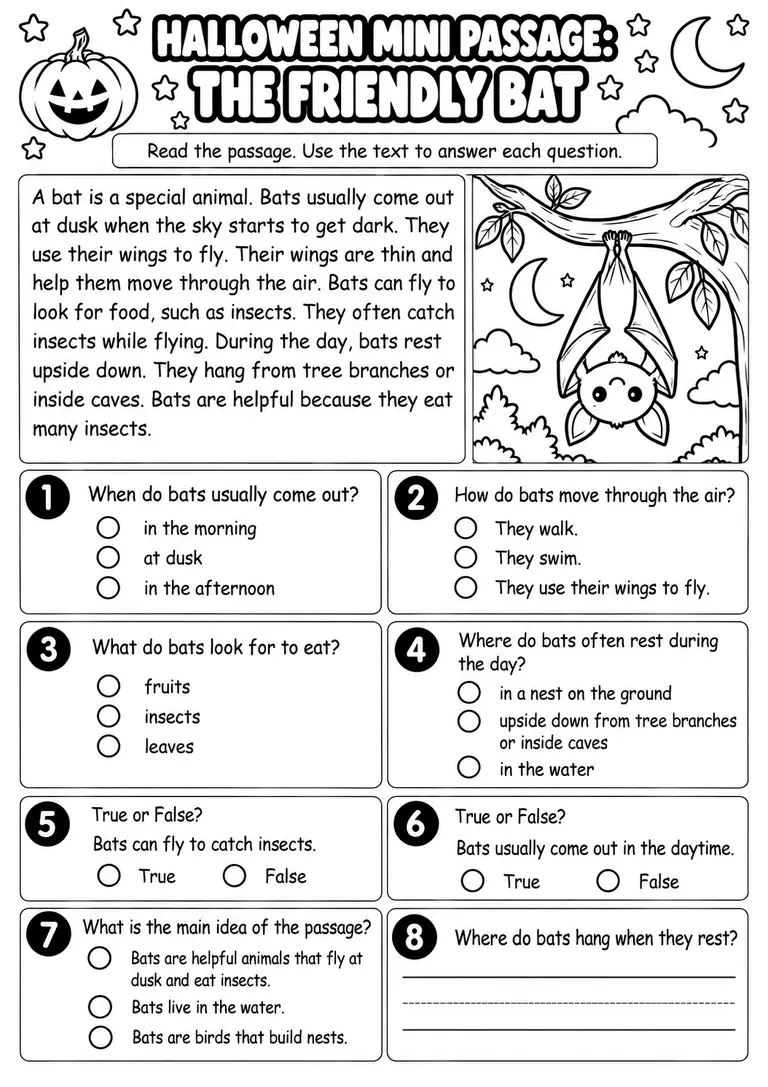 Halloween Mini Passage: The Friendly Bat for Kindergarten, 1st Grade