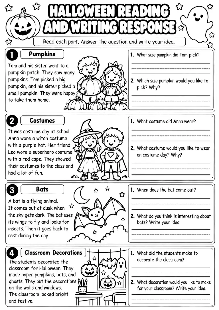 Halloween Reading and Writing Response for Kindergarten, 1st Grade
