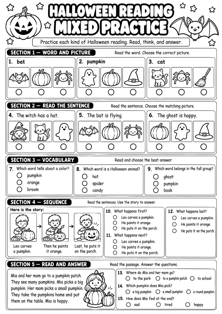 Halloween Reading Mixed Practice for Kindergarten, 1st Grade