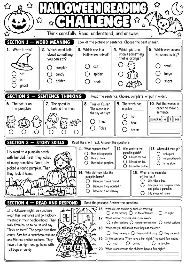 Halloween Reading Challenge for Kindergarten, 1st Grade