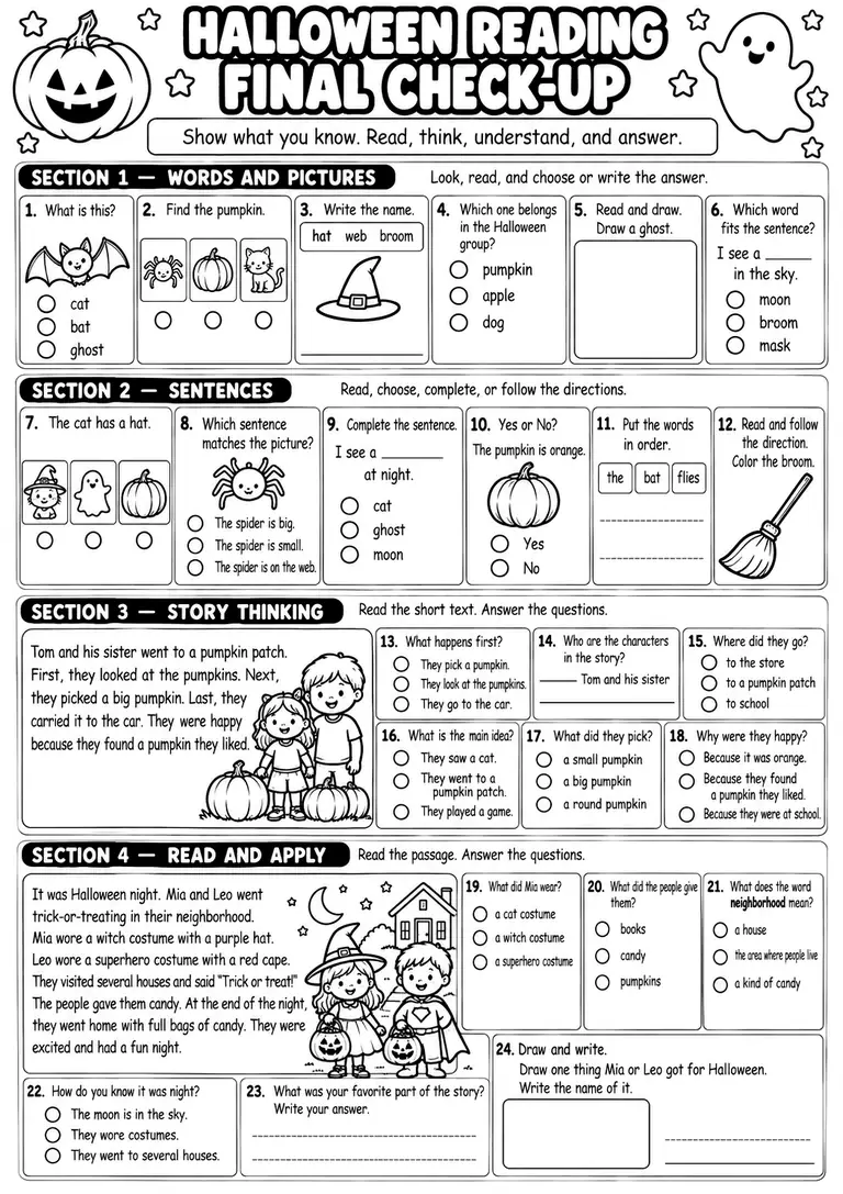 Halloween Reading Final Check-Up for Kindergarten, 1st Grade