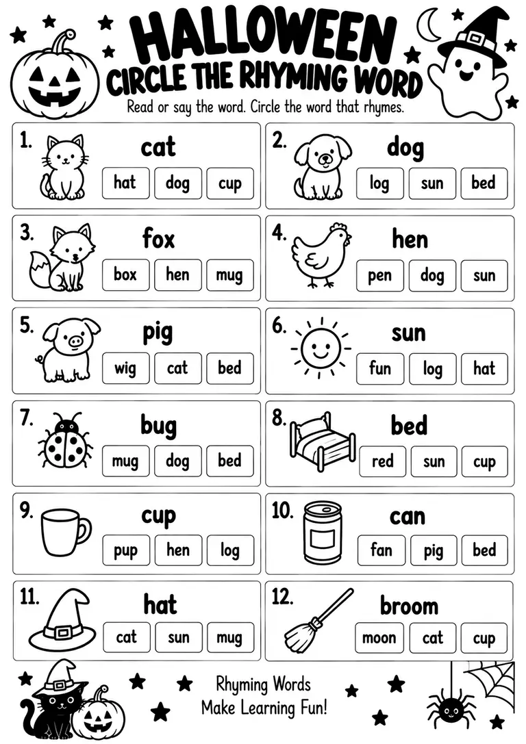 Halloween Circle the Rhyming Word for Kindergarten, 1st Grade