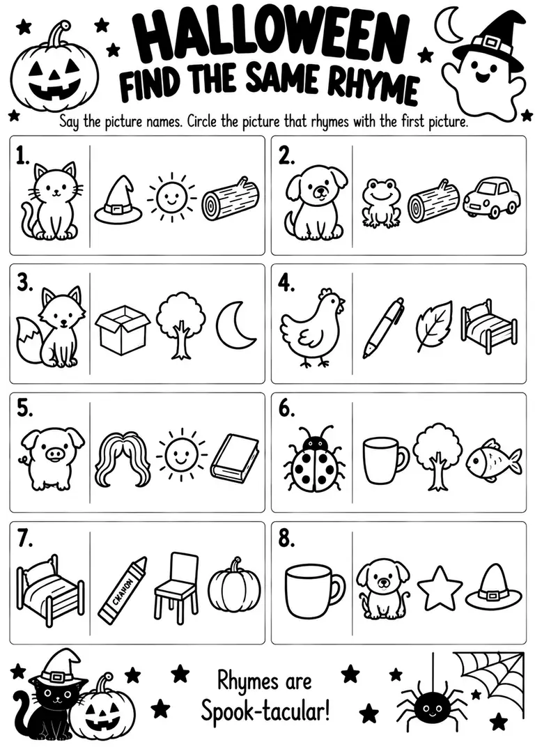 Halloween Find the Same Rhyme for Kindergarten, 1st Grade