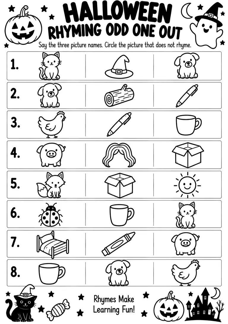 Halloween Rhyming Odd One Out for Kindergarten, 1st Grade
